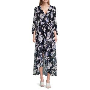 Eliza J dark floral hi-low chiffon maxi dress Size 16w navy blue silver